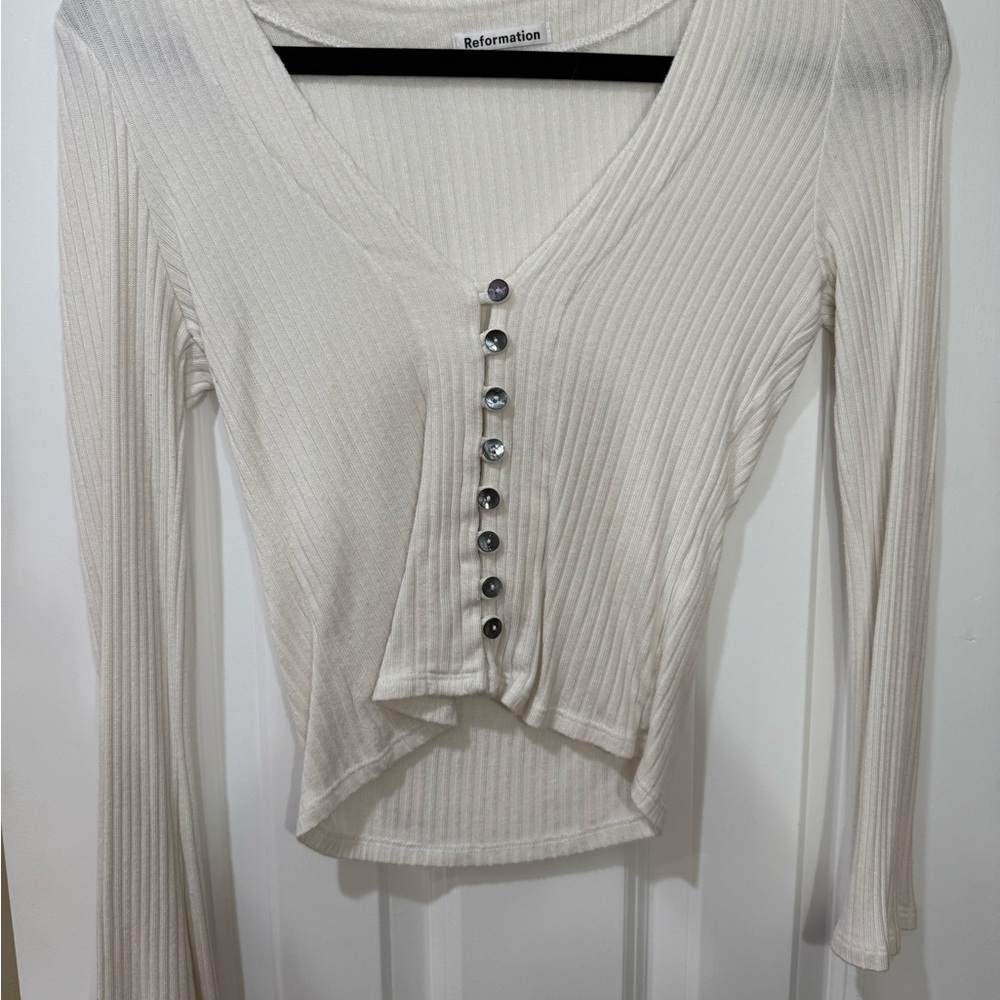 Reformation Ivory Ribbed Button-Down Shirt